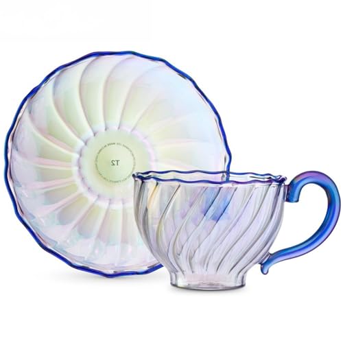 Glass Tea Cup and Saucer, Glass Coffee Mug and plate, Dishwasher & Microwave Safe Teacups for Espresso Cappuccino Latte Tea Juice Blue