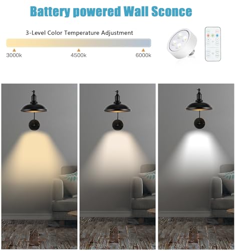 Image of Black Wireless Battery Operated Wall sconces 9.5 inch, Wall sconces Set of Two Battery Powered Wall Sconce with Remote Control, Adjustable Black Wall Sconce for Bedroom Hallway Living Room