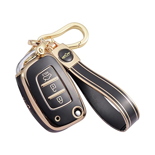 Image of Keycare TPU Key Cover & Keychain Compatible for: Hyundai Creta, Tucson, Alcazar, Exter, Venue, i20, Aura, Xcent flip Key (Gold Black + Gold Black Keychain)