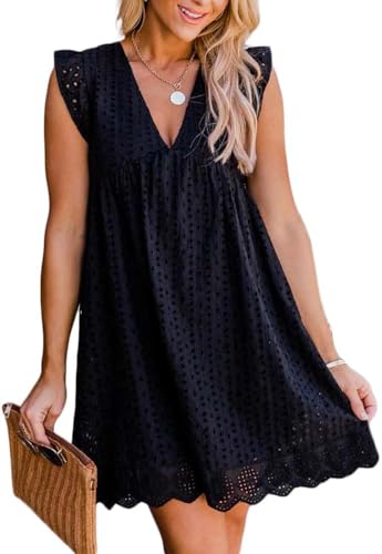 Image of Women's Summer Dress with Built in Shorts Sexy Summer V Neck Ruffle Sleeve Lace California Romper Dresses for Women