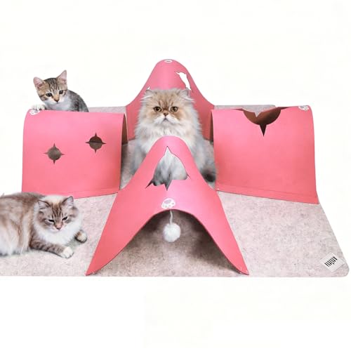 35.4 Large Interactive Felt Cat Activity Play Mat Ripple Style Hide & Seek Tunnel with Hanging Ball Foldable Snuffle Mat for Indoor Cats Kittens Rabbits Small Pets Pink