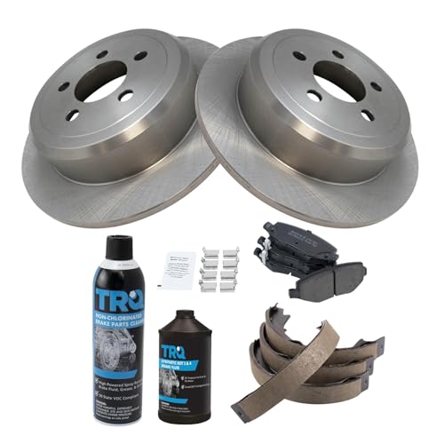 Image of TRQ Rear Brake Pad & Rotor Kit, with Chemical Kit Parking Brake Shoe Set Semi-Metallic Compatible with 2007-2011 Dodge Nitro 2008-2012 Jeep Liberty