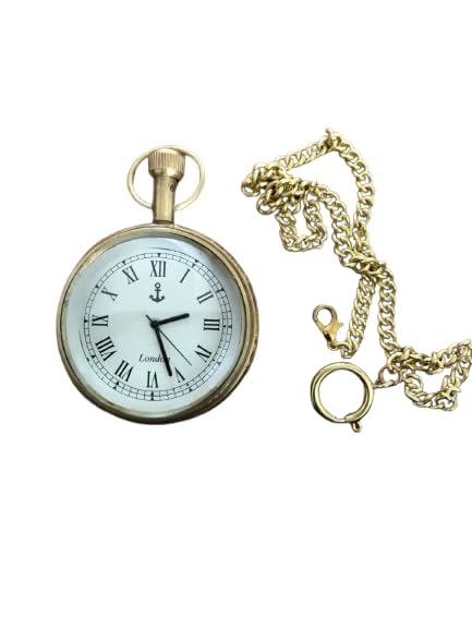 Brass Antique Clock Roman Number Dial Round Shape Pocket Clock with Chain Brass Pocket Watch with Leather CASE-image-1