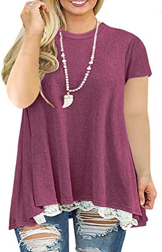 Women's Plus Size Tunics Short Sleeve Lace Swing Tunic Shirt Tops Wine Red 16W
