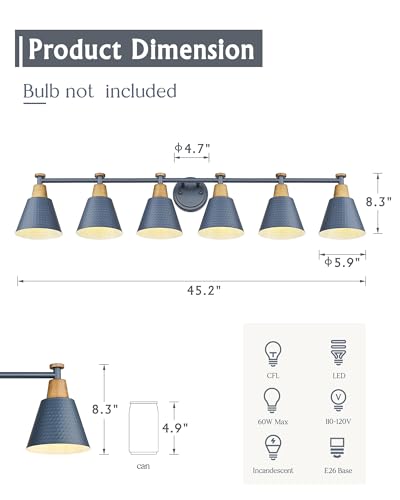 Image of FEMILA Vintage Bathroom Light Fixtures, 45.3 inch Vanity Lighting Fixtures Over Mirror, 6 Light Vanity Light, Blue Finish, 4FG59B-6W Blue