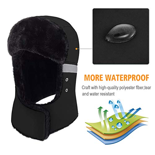 mysuntown Trapper Hat Winter Hats for Women Men with Faux Fur Neck Warmer, Windproof Waterproof Thick Trooper Ushanka Ski Hat mask for Outdoor, Black