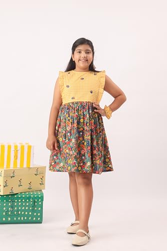 Image of Kids Girls Printed Embroidered Fusion Dress | Handmade Crafted Designer Ethnic Wear | 100% Cotton