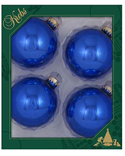 Christmas By Krebs [4 Pack] Victoria Blue Shine 3 1/4" (83mm) Glass Balls with Gold Crown Caps