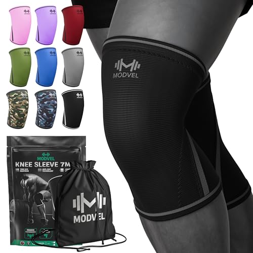 Image of Modvel 7mm Neoprene Knee Sleeves for Men & Women Weightlifting & Powerlifting - Compression Knee Sleeve Support for Squats, Gym, Training - USPA, IPL Approved - X-Large Black (Pair)