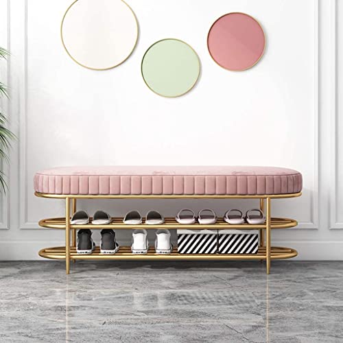 Banc étagère à chaussures entrée moderne 80cm en fer avec coussin rose - 3