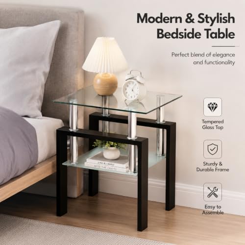 Image of Meihua Glass End Table, Square Glass Side Table, 2-Tier Modern Nightstand with Metal Legs for Living Room&Bedroom (Transparent, 1pc)