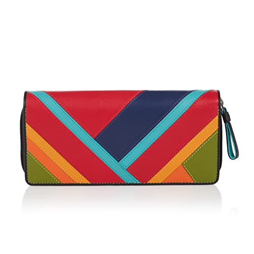 VISCONTI Leder Portemonnaie - RFID Schutz Damen Geldbeutel - XL 19 x 9 cm - Geldbörse mit Reißverschluss für zusätzliche Sicherheit Bifold Portmonee mit Geschenk-Box - Clara - Mehrfarbig