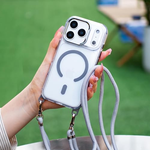 QATYYY for iPhone 17 Pro Case with Adjustable Phone Lanyard, Compatible with MagSafe, Shockproof Military-Grade Protection, Magnetic Phone Case, Classic Clear Gray Hybrid Case, Crossbody Neck Strap by QATYYY - Used condition - Image 2