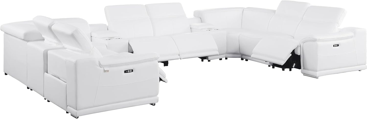 BlackJack Furniture Venice 10-Piece Top Grain Italian Leather Sectional Reclining Sofa Set with 4 Power Recliners, Adjustable Headrests, USB and Wireless Phone Charger and Console Storage, White