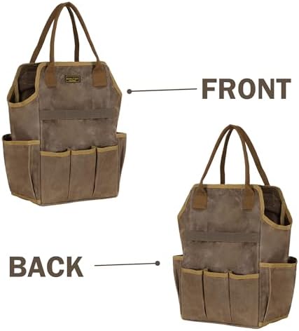 Canvas Garden Tool Bag, 16OZ Waxed Canvas Garden Tools Storage Tote - with 3 Inner Slots + 8 Outer Pockets, Multi-Functional Tool Organizer Bag for Gardener Florist Workshop, Grey, 9.5 x 6 x 15.5 In - Thumbnail 5