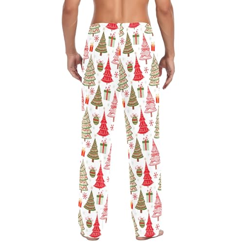 Men's Cotton Pajama Pants Sleep Pants with Pockets Comfy Pajama Bottoms, Vintage Christmas Trees White3