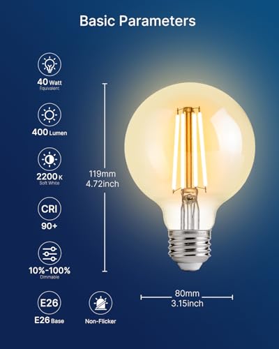 Image of FLSNT G25 Clear LED Bulbs, 40W Eqv, 400LM, 2700K, E26, 12 Pack | Dimmable, CRI90+, amber glass, UL listed, instant on, for bathroom vanity, mirror lighting, living room decor