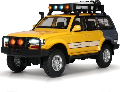 Image of 1:24 Scale Diecast Land Cruiser LC80 Model Car - Metal Pull Back Toy with Opening Doors, Lights & Sounds - Collectible Toy SUV for Boys Age 3-8, Certified Safe Gift for Kids (Yellow)