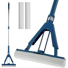 Sponge Mop Absorbent Roller Foam Mop with 50.39inch Extendable Handle and 2 Sponge Heads Self Wringing Mop Adjustable Cleaning Wet Mop for Hardwood Tile Kitchen Bathroom