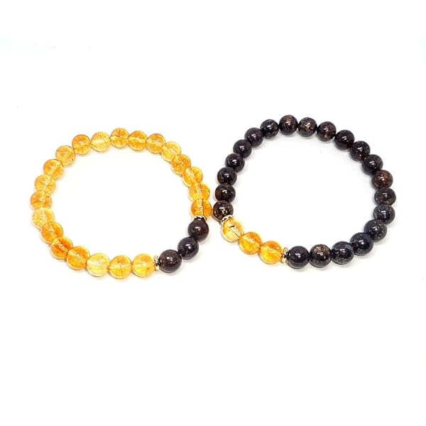 LKBEADS bronzite & citrine 8mm round smooth beads Long Distance Couple Love Bracelet for Girls/Women/Boys/Men - Combo Bracelet - Couples Relationship Bracelets set of 2
