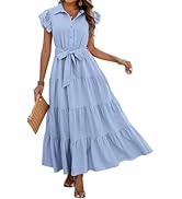 dowerme Women's Summer Casual Dresses 2026 Cap Ruffle Sleeve V Neck Button Belted Tiered Boho Max...