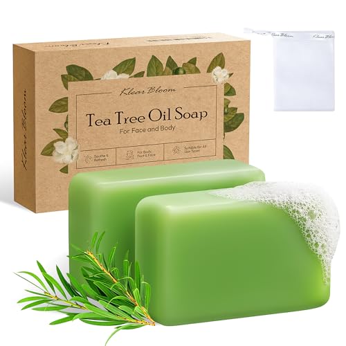 KlearBloom Antifungal Tea Tree Soap for Oily & Blemish-Prone Skin Purifying Tea Tree Oil & Moisturizing Shea Butter Refreshing Face Body & Foot Soap for Men & Women 105g x 2 Bars