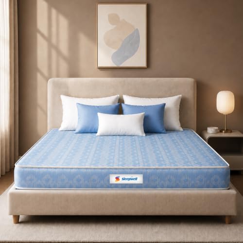 Image of Sleepwell Dual Mattress | Double Size 84x47x8 Inch | One Side Soft One Side Firm | Orthopedic Support | Resitec Foam with VPF | Knitted Fabric | Neem Fresche Anti-Microbial | 10 Yr Warranty