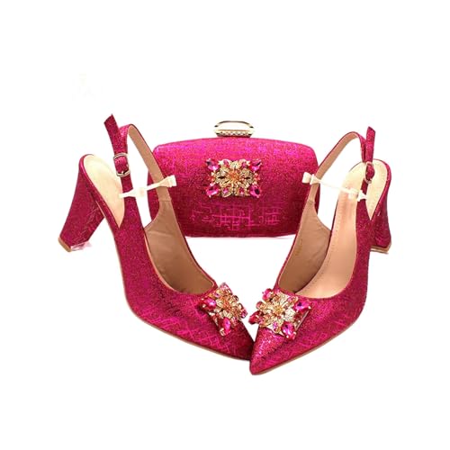 Women Shoes and Bag Set Pointed Toe Shoes Matching Bag Set for Nigerian Ladies Wedding Party Fuchsia
