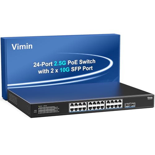Image of VIMIN 26-Port 2.5G PoE Switch Unmanaged, 24x 2.5G Base-T PoE Ports, 2x 10Gbps SFP, 24 Port PoE Switch w / 60Gbps Ethernet Switching Capacity, Support IEEE802.3af /at, 65W, VLAN, Metal Housing, Fanless