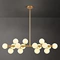 Wystco 16-Light Globe Sputnik Chandelier, Mid Century Modern Light Fixture Over Table, Brass Gold Linear Chandeliers for Dining Room and Kitchen Island (Milk White Glass Bubble Shades, 40 Inch)