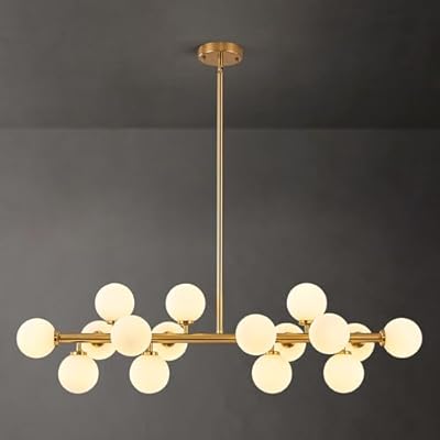 Wystco 16-Light Globe Sputnik Chandelier, Mid Century Modern Light Fixture Over Table, Brass Gold Linear Chandeliers for Dining Room and Kitchen Island (Milk White Glass Bubble Shades, 40 Inch)