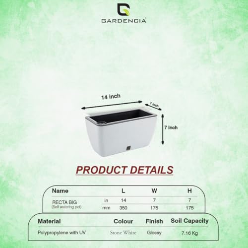 Image of GARDENCIA Self Watering Flower Pots for Outdoor Indoor Gardening /Rectangle Big Plant Pot with Polypropylene UV Material /Decorative Modern Gamla (Recta Big Stone White, Pack of 4)