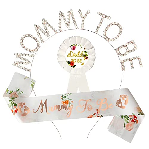 Baby Shower Deko Set Mummy to Be Schärpe Babyparty Deko Set mit Frau Krone Babydusche Haarschmuck Schwangerschaft Dekoration für Schwangere Werdende Mutter Geschenk Baby Partydeko Cover