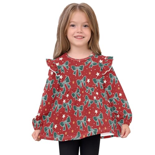 Green Bow on Red Girls Shirts Cotton Long Sleeve Ruffle Toddler Tee Tops3