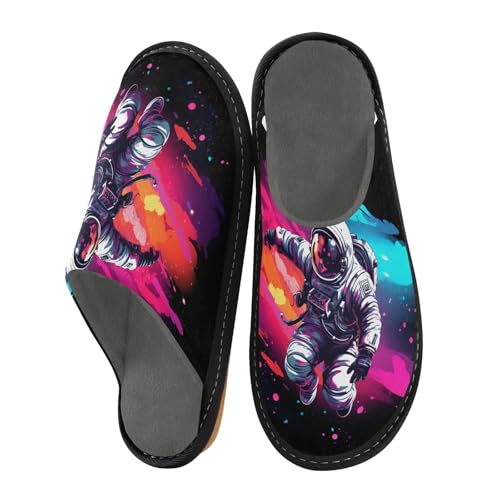 ALAZA Astronaut Watercolor Fuzzy Slippers for Women Men Warm Soft Lightweight Memory Foam House Slippers 6.5-7