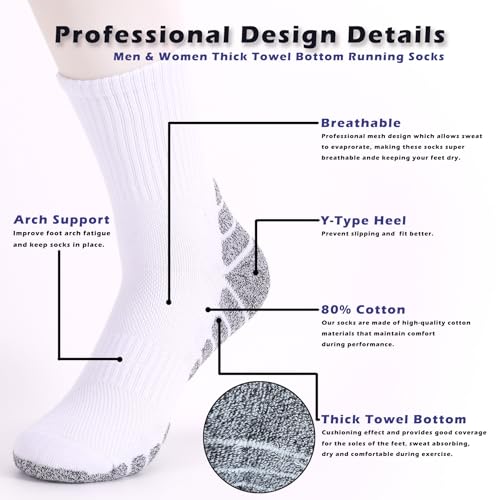 TeenFighter ‌1/4/6 Pairs 80% Cotton Cushioned Sports Running Crew Socks for Men & Women, Athletic Sock with Arch Support2