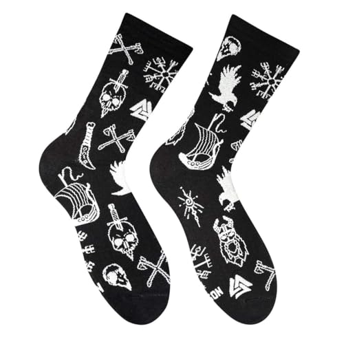 BEAUTYMEHNDI STORE Norse Viking Tattoo Socks Unisex Gothic Raven Rune Cotton Crew Socks Nordic Aesthetic Graphic Alt Socks Black White Crew Socks EU 36-40