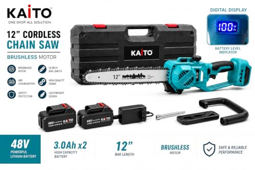Image of KAITO 48 V Cordless Chainsaw Machine | Brushless Motor | 12-Inch Guide Bar | 8300 RPM | 2 x 3.0 Ah Batteries | Tree Cutter Tool | Wood Cutting Machine for Home | Wood Cutter Tool Machine