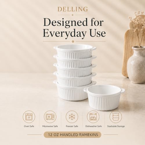 Delling Ramekins with Handle, 6 PACK Soup Bowls for French Onion Soup, Pot Pie, Lava Cakes, Creme Brulee, 12 Oz Porcelain Souffle Dish for Baking, White - Image 5