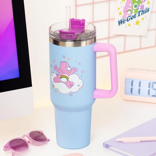 Image of Paladone Care Bears 1.2L Blue Insulated Cup and Straw, Officially Licensed Quencher Bottle with Handle for Water, Iced Tea, Coffee, Cute Pop Culture Collectible for Fans