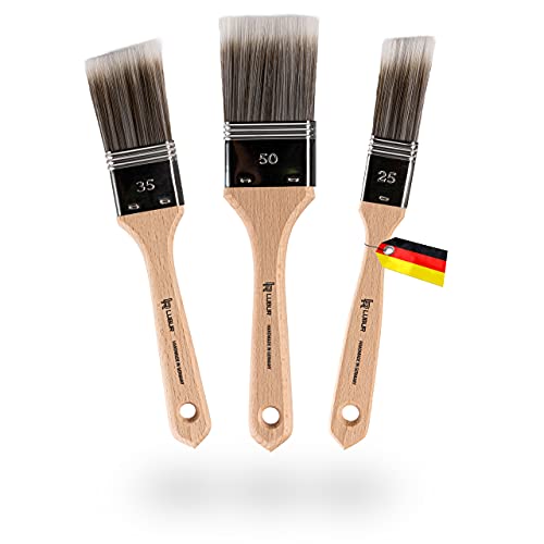 Lubur® Premium Pinselset - Made in Germany - 3X Handgefertigte Malerpinsel aus Synthetikhaar - Flachpinsel ohne Borstenverlust - Lasurpinsel inkl. Aufbewahrungsbox - 100% Veganer Lackierpinsel