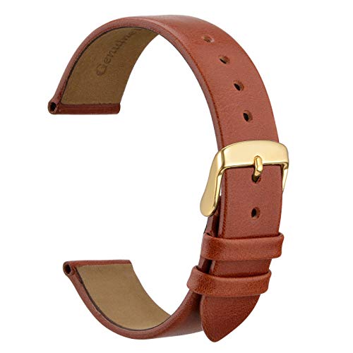 WOCCI Watch 16mm Watch Band, Elegant Genuine Leather Replacement Straps Brown with Gold Buckle