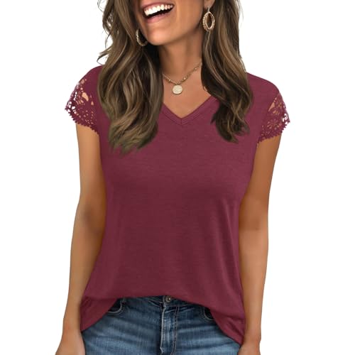 Image of Womens Tops V Neck Short Sleeve T Shirts Womens Summer Tops Casual Soft Basic Lace Tops Spring Summer Tees Clothes 2026