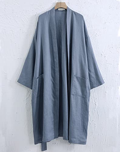 Image of Amazhiyu Womens Pure Linen Mid Length Kimono Robes Lightweight Long Sleeve Bathrobe