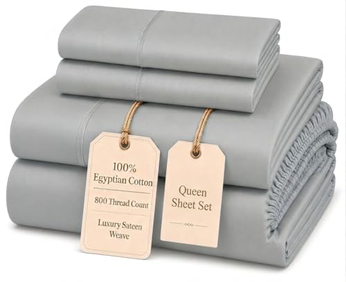 Image of Luxury Egyptian Cotton Sheets, 15 inch Deep Pocket Queen Sheet Set - Silver | 800 Thread Count, Soft Sateen Weave Bed Sheets Queen Size, Breathable & Cooling Sheet & Pillowcase Sets, Machine Washable