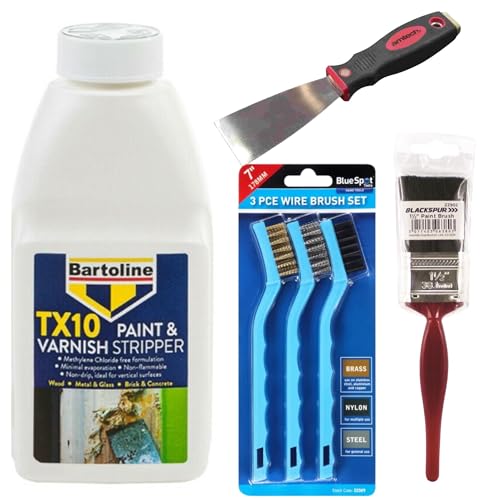 Paint Stripper Wood & Metal Bundle – Paint and Varnish Stripper 500ml, Metal Paint Stripper, Wood Varnish Remover, 1.5 Inch Paint Brush, Metal Scraper, Plastic Gloves, Wire Brushes