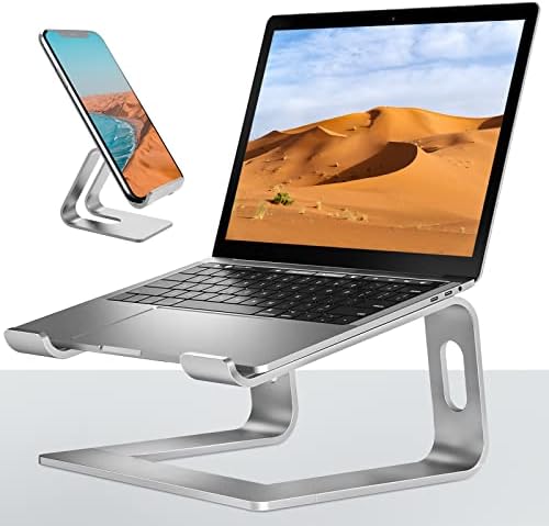 VECOFO Laptop Stand for Desk，Aluminum Laptop Riser for All Laptop Stands 10-17 inches,Include A Cell Phone Stand(Silver)
