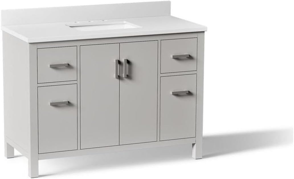 Kohler Kresla 48 Inch Bathroom Vanity Cabinet with White Single Sink and Quartz Top, Modern Bathroom Storage, Atmos Grey