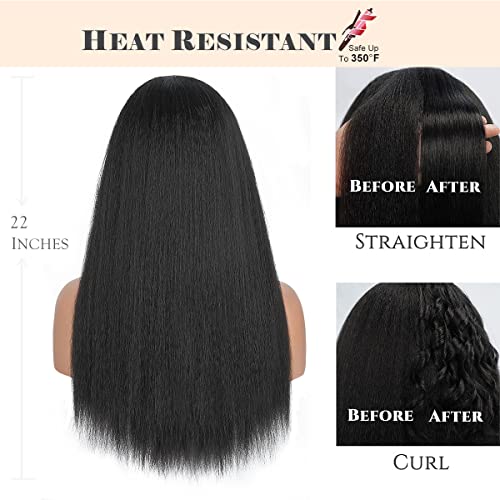 Aminow Kinky Straight Lace Front Wigs, Soft & Natural As Human Hair, Pre Plucked Glueless Wigs For Black Women, Italian Yaki Long Black Synthetic Lace Wig 22 Inch #TOP2