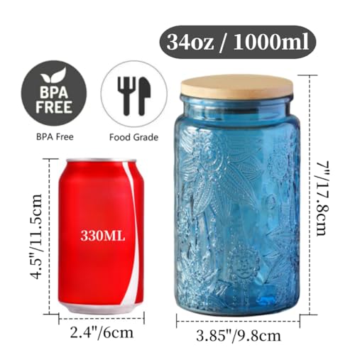 ANSQU 1000ml Blue Glass Canister, Candy Jar with Lid, Vintage Colored Mason Jars for Kitchen Decorative Jar for Coffee Tea Candy Cookies, Cute Jars (Blue, 1 Pack)